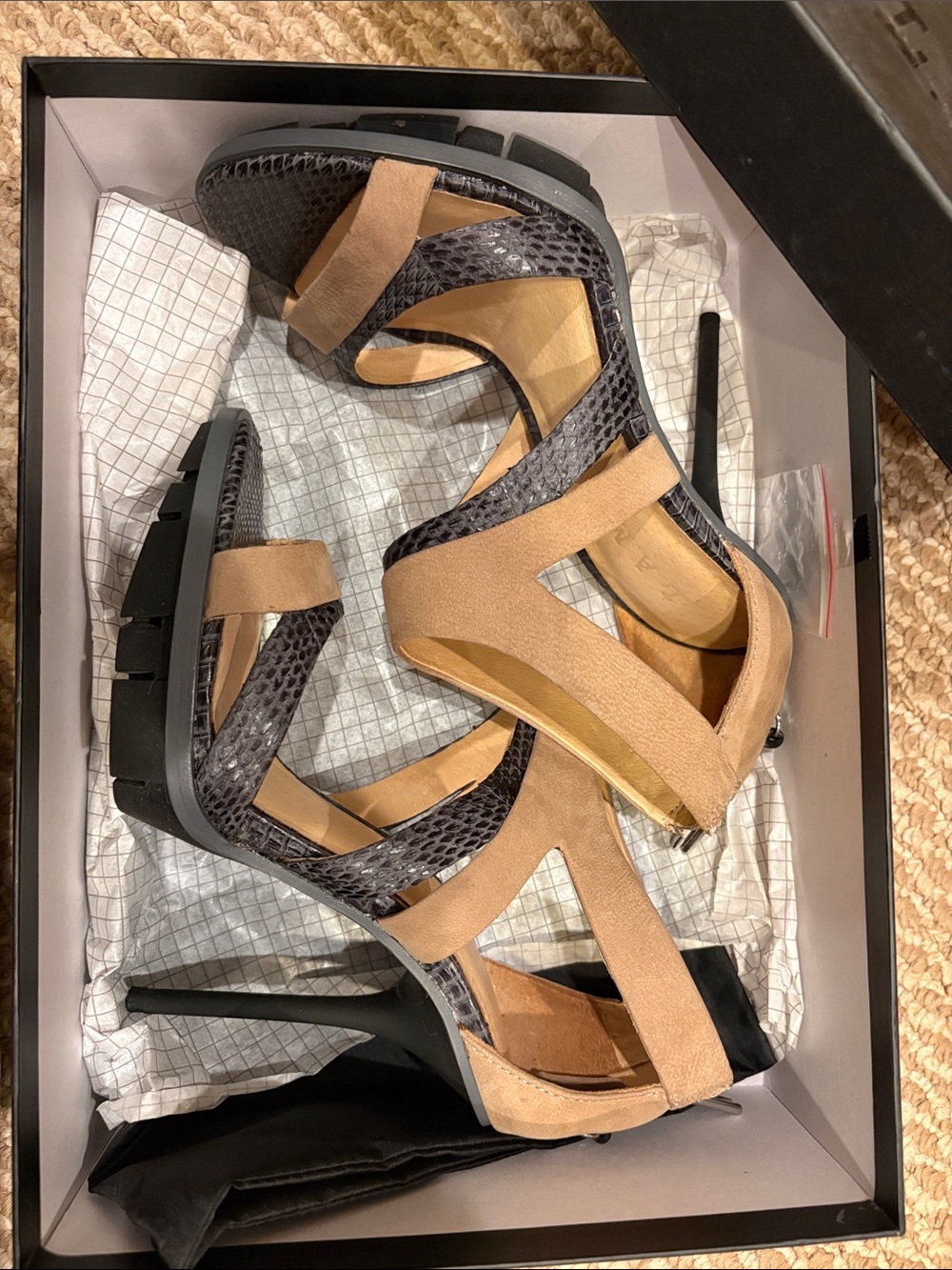 L.A.M.B Open-Toed, Leather, and Faux Snakeskin High Heel. Sneaker like bottom.